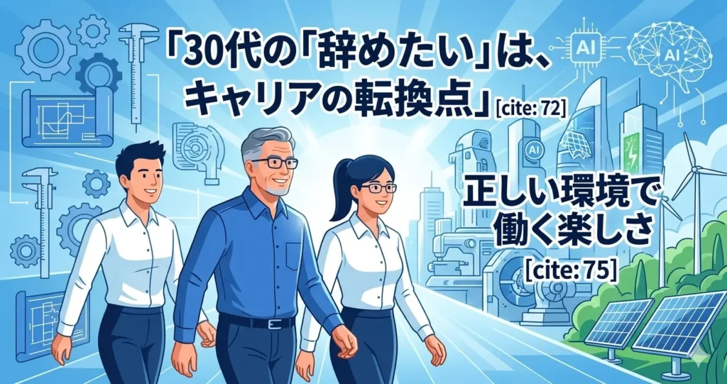 ベテラン上司、女性部下、そして自信を取り戻した男性部下が、明るい未来（正しい環境での仕事）に向かって歩く、30代機械設計者のキャリアの転換点を象徴するイラスト。