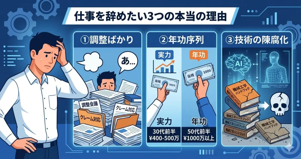 30代機械設計者が仕事を辞めたい3つの本当の理由（調整業務ばかり、年功序列の給与体系、技術の陳腐化への不安）を、それぞれのアイコンと若いエンジニアの苦悩で表現したイラスト。