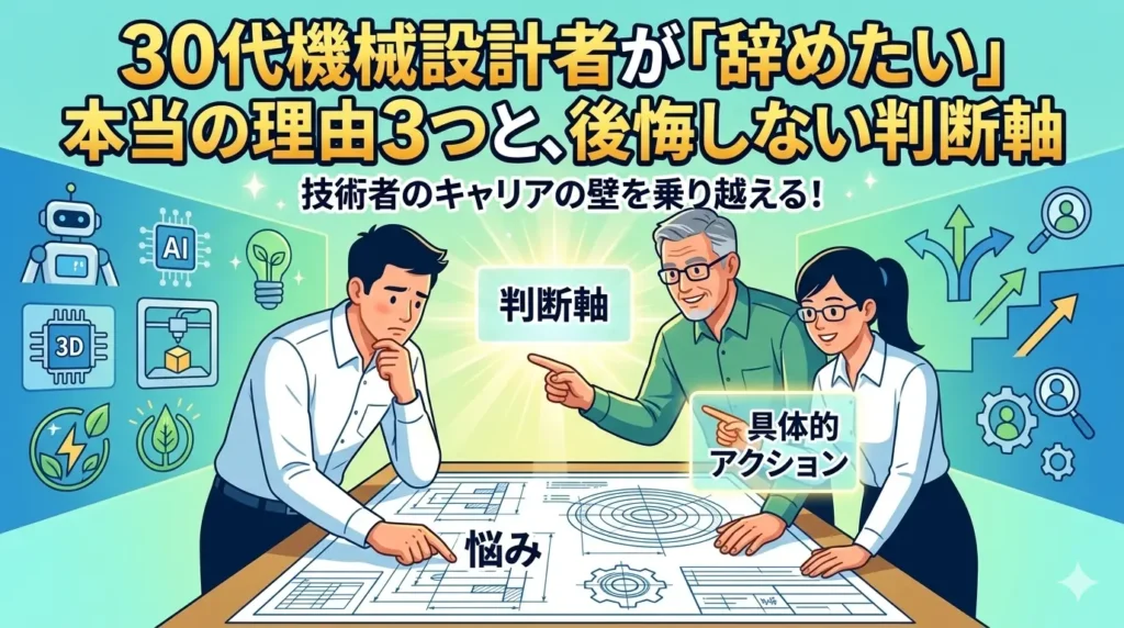 ベテラン上司と女性エンジニアが、悩む30代男性設計者に、後悔しない転職のための判断軸と具体的アクションを提示し、キャリアの壁を乗り越えるよう促す、明るいイラスト。記事タイトル「30代機械設計者が「辞めたい」本当の理由3つと、後悔しない判断軸」入り。