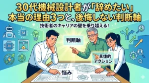 ベテラン上司と女性エンジニアが、悩む30代男性設計者に、後悔しない転職のための判断軸と具体的アクションを提示し、キャリアの壁を乗り越えるよう促す、明るいイラスト。記事タイトル「30代機械設計者が「辞めたい」本当の理由3つと、後悔しない判断軸」入り。