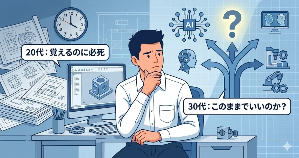 30代の機械設計エンジニアが、CAD作業の手を止めて「このままでいいのか？」とキャリアの壁に悩む様子のイラスト。20代のガムシャラな日々から、30代特有の将来への不安を表現。