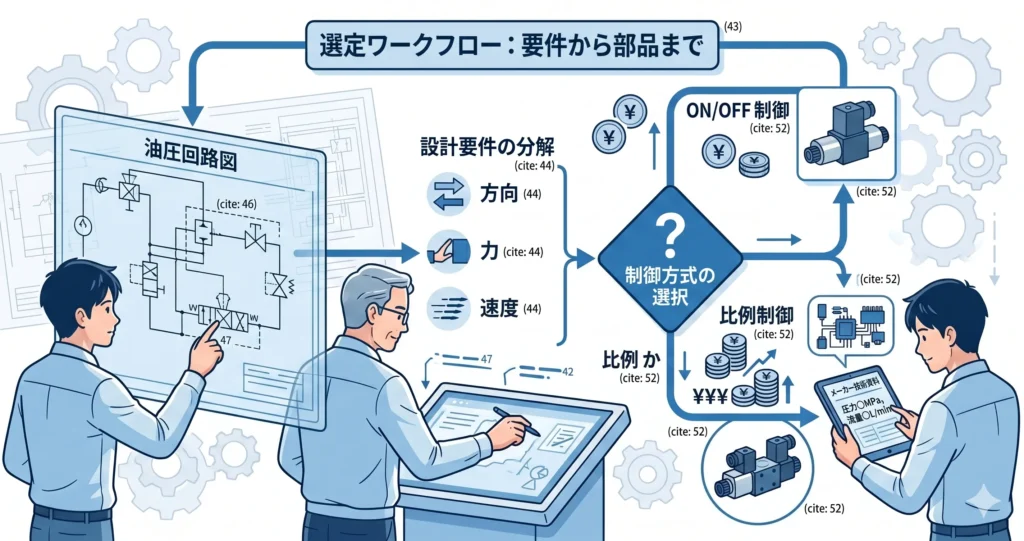 現場での具体的な油圧電磁弁選定アクションを示す、要件分解、回路図確認、技術資料活用、比例制御判断のステップをまとめたイラスト。
