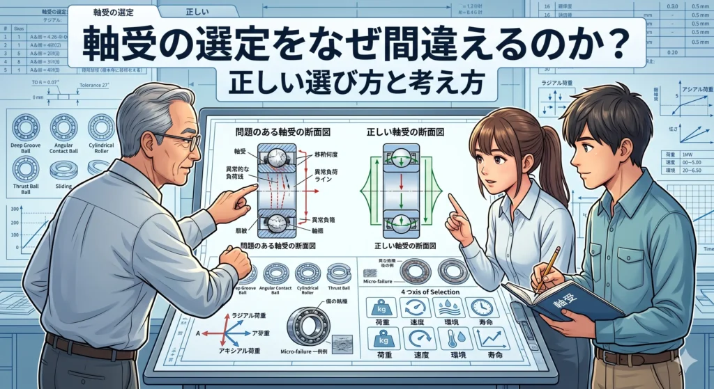 記事タイトル「軸受の選定をなぜ間違えるのか？正しい選び方と考え方」の文字が入った、設計現場の3人（ベテラン、若い男女）が軸受の選定について議論しているイラスト——カタログを開く前に整理すべき4つの軸（荷重条件、回転速度、使用環境、寿命）を象徴するアイコンを添える。