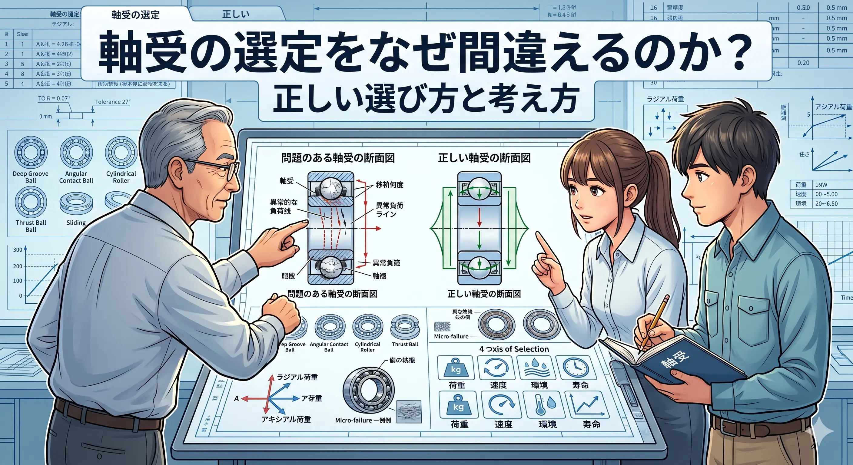 記事タイトル「軸受の選定をなぜ間違えるのか？正しい選び方と考え方」の文字が入った、設計現場の3人（ベテラン、若い男女）が軸受の選定について議論しているイラスト——カタログを開く前に整理すべき4つの軸（荷重条件、回転速度、使用環境、寿命）を象徴するアイコンを添える。