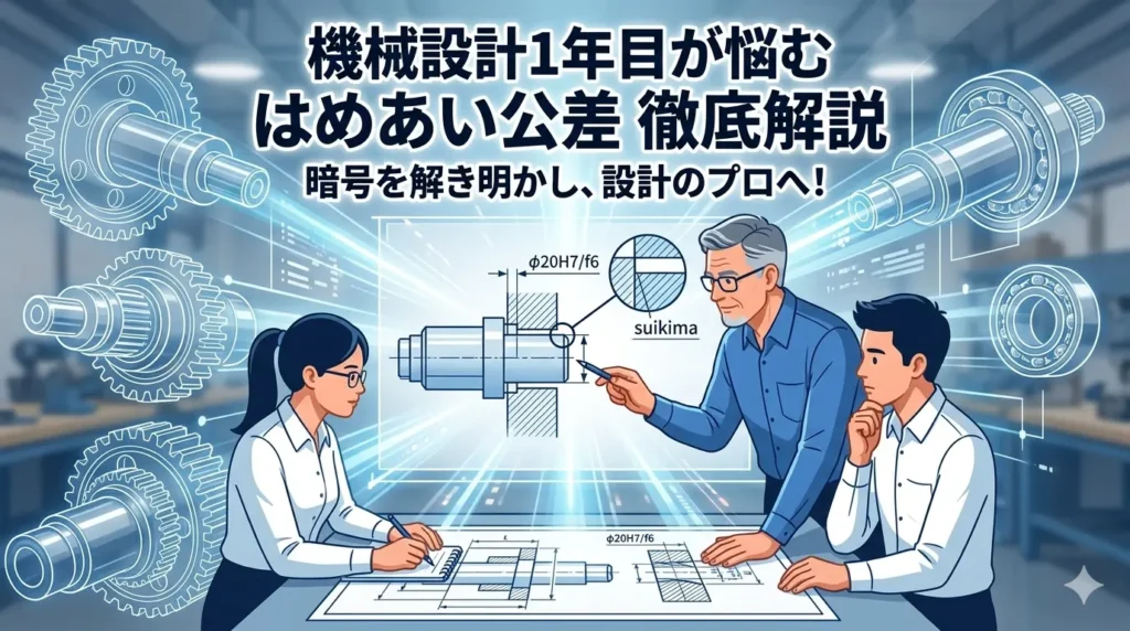 「機械設計1年目が悩む はめあい公差 徹底解説」のタイトルが入ったブログアイキャッチ画像。ベテランと若手エンジニアが設計図を囲むイラスト。