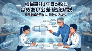 「機械設計1年目が悩む はめあい公差 徹底解説」のタイトルが入ったブログアイキャッチ画像。ベテランと若手エンジニアが設計図を囲むイラスト。