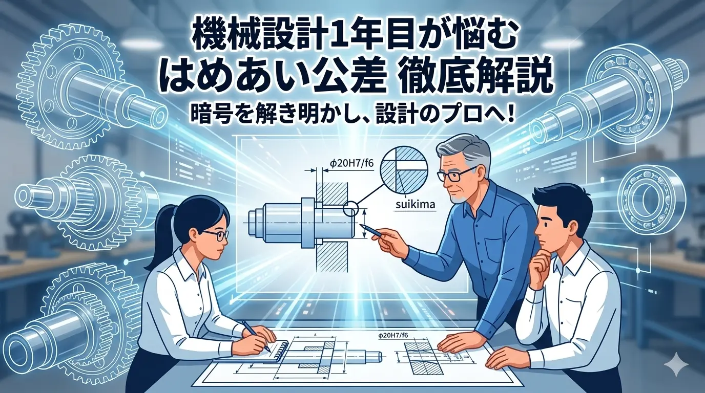 「機械設計1年目が悩む はめあい公差 徹底解説」のタイトルが入ったブログアイキャッチ画像。ベテランと若手エンジニアが設計図を囲むイラスト。