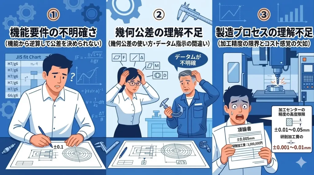 初心者設計者が公差設計でつまずく「機能からの逆算なし」「幾何公差不足」「製造プロセス知識不足」の3つの原因をまとめた図解イラスト。image_0.pngと同じキャラクターがそれぞれの状況を演じている。