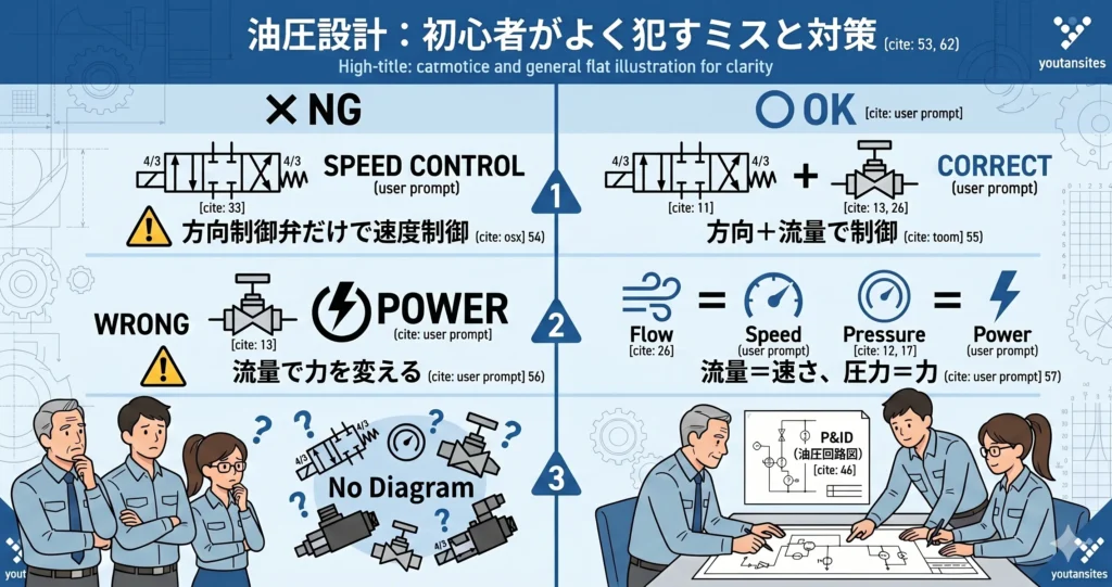 初心者がよく犯すミスの事例(方向弁で速度制御、圧力と流量の混同、回路図なしの選定)と、その正しい対策と考え方を示すイラスト。
