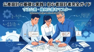 「公差設計の基礎と実践！初心者設計者完全ガイド」というタイトルの付いた、ブログ記事のアイキャッチ画像。image_0.pngと同じ3人の設計者が図面を囲んで議論し、寸法公差と幾何公差の記号が浮かんでいる、落ち着いたブルー調のイラスト。