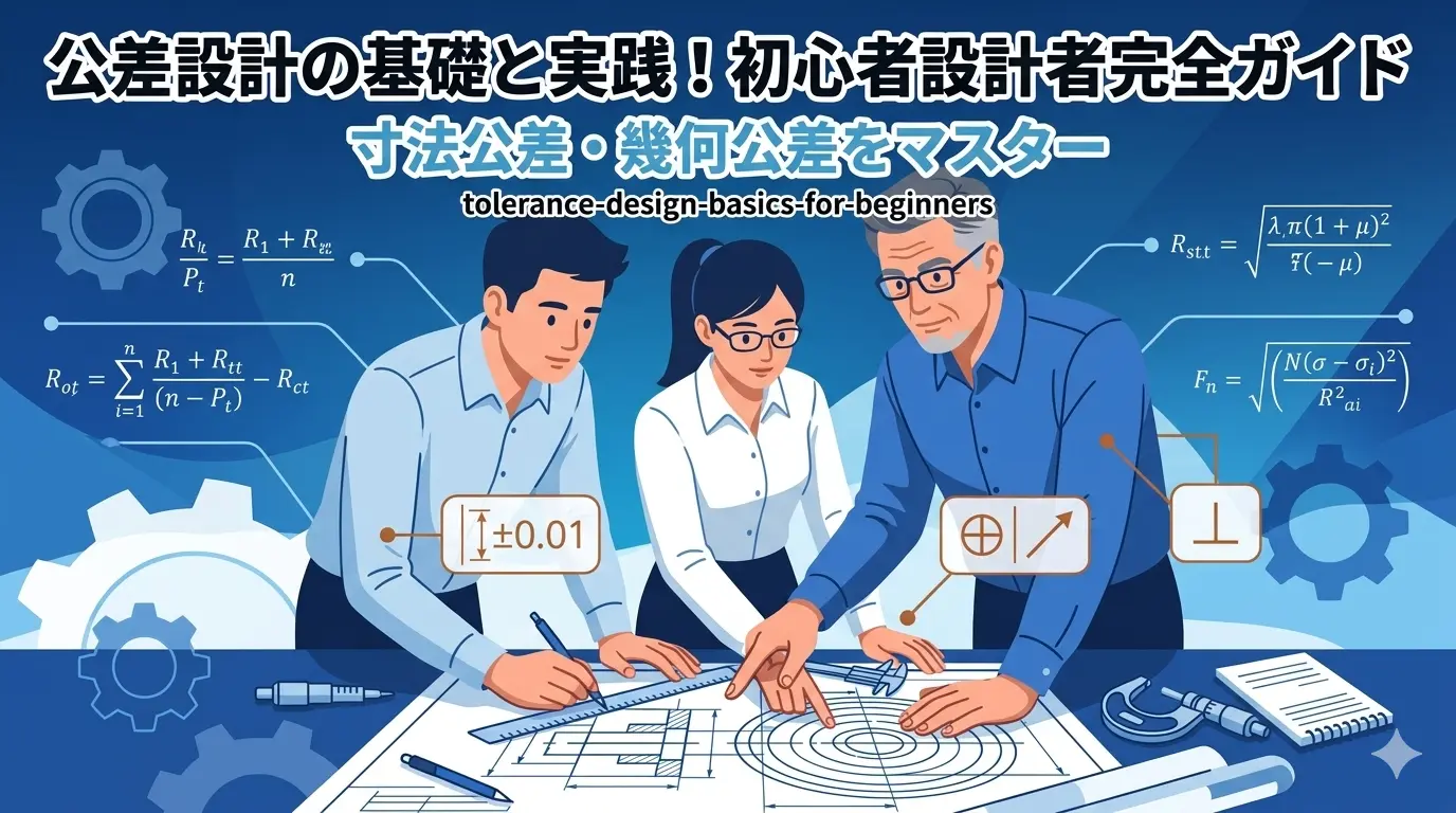 「公差設計の基礎と実践！初心者設計者完全ガイド」というタイトルの付いた、ブログ記事のアイキャッチ画像。image_0.pngと同じ3人の設計者が図面を囲んで議論し、寸法公差と幾何公差の記号が浮かんでいる、落ち着いたブルー調のイラスト。
