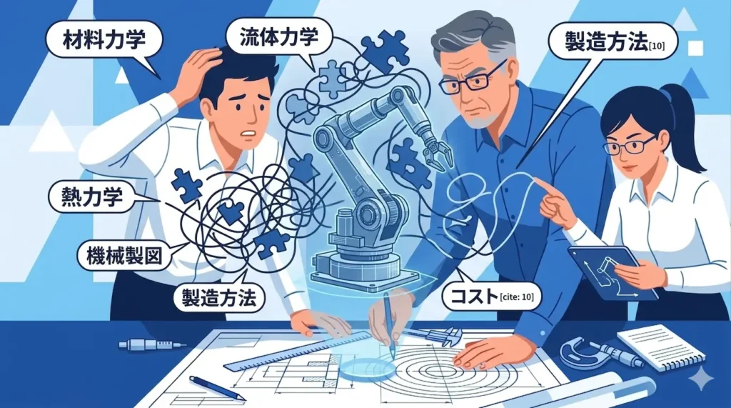 材料力学や製造方法など、複数の技術分野が複雑に絡み合い、知識がまだ繋がっていない状態を表すイラスト。