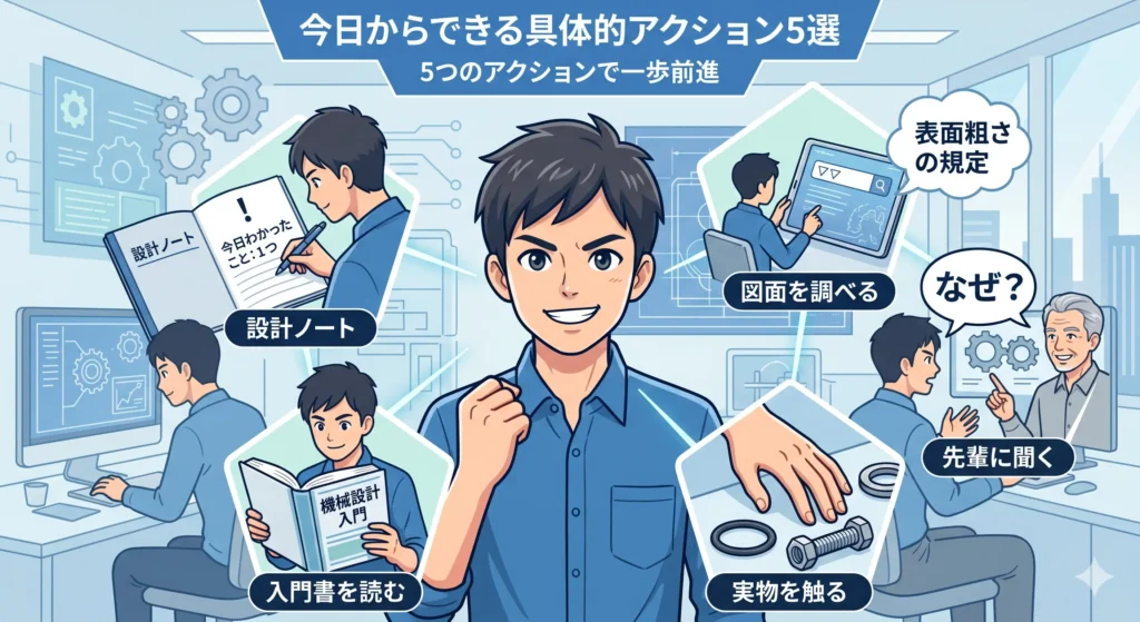 図面記号の調査、先輩への質問、実物の観察、入門書の活用、設計ノートの作成という、初心者が今日からできる5つのアクションを表すイラスト。