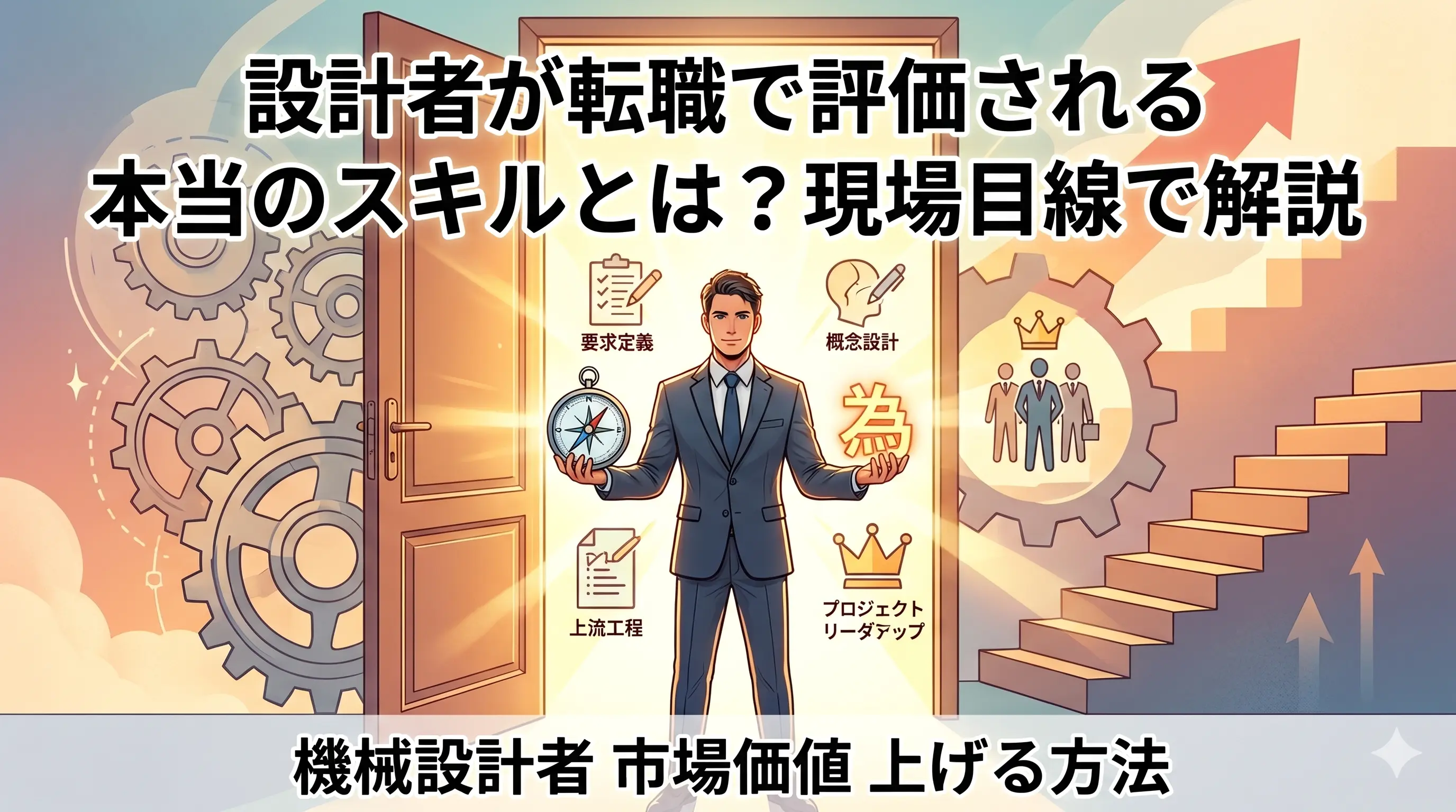 ブログ「設計の羅針盤」の記事「設計者が転職で評価される本当のスキルとは？現場目線で解説」のアイキャッチ画像。イラスト風で、機械設計者がWhy思考を武器に、転職という未来の扉を開くイメージ。