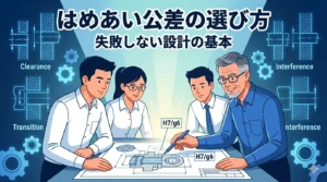 「はめあい公差の選び方：失敗しない設計の基本」というタイトルとともに、3人の設計者が真剣かつ自信を持って図面を囲んで議論しており、背景には歯車やシャフトの図解が浮かんでいる、イラスト風のアイキャッチ画像。