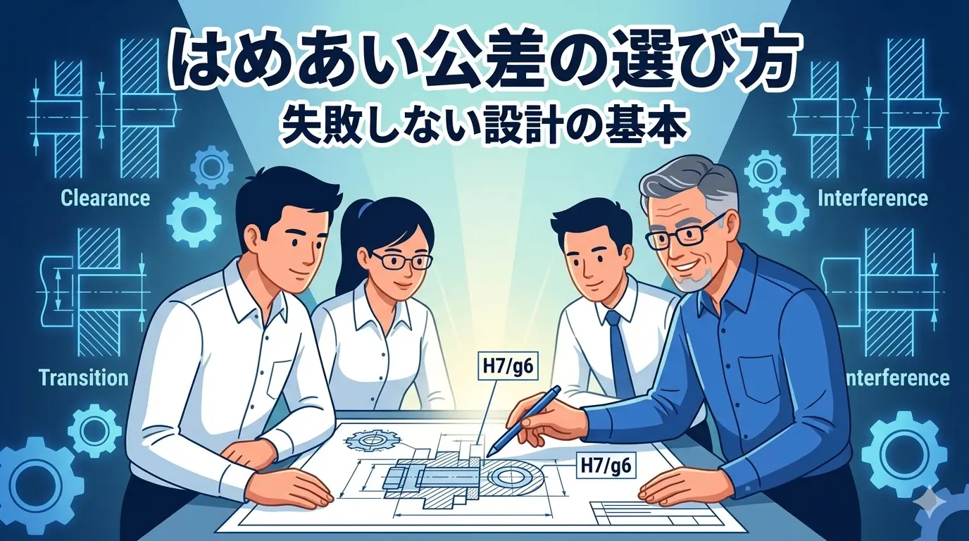 「はめあい公差の選び方:失敗しない設計の基本」というタイトルとともに、3人の設計者が真剣かつ自信を持って図面を囲んで議論しており、背景には歯車やシャフトの図解が浮かんでいる、イラスト風のアイキャッチ画像。