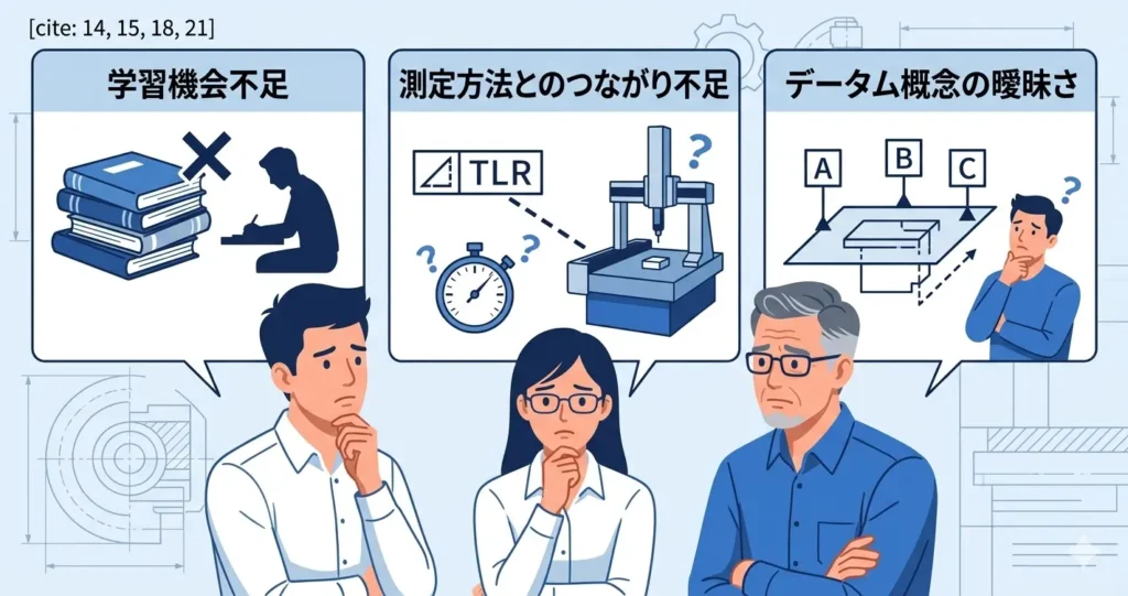 初心者設計者が幾何公差でつまずく3つの主な原因（学習機会の少なさ、測定方法とのつながり不足、データム概念の曖昧さ）を示す図解イラスト 。3人の登場人物がそれぞれの悩みを吹き出しで表現している。