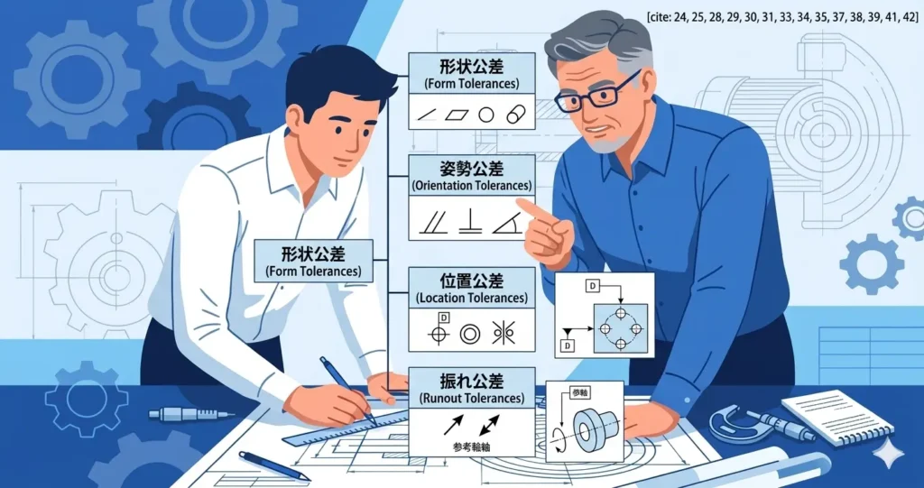 JIS規格に基づく幾何公差の14種類を、形状・姿勢・位置・振れの4カテゴリに分類した解説イラスト 。各カテゴリの記号と、その機能的な意味を簡略図で示している 。