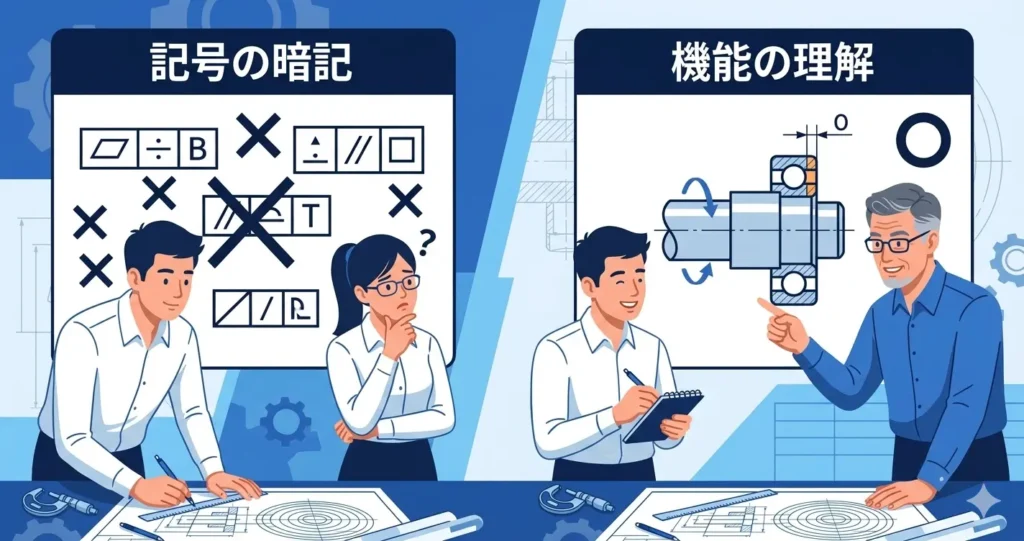 幾何公差の記号を丸暗記するのではなく、部品の機能や組み付けから理解することの重要性を説明するイラスト 。左側にはバツ印がついた記号の羅列、右側には軸受けの組み付け図を見ながら対話する設計者たちが描かれている 。