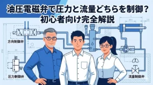 油圧電磁弁の圧力制御と流量制御の違いを初心者向けに解説したブログのアイキャッチ画像