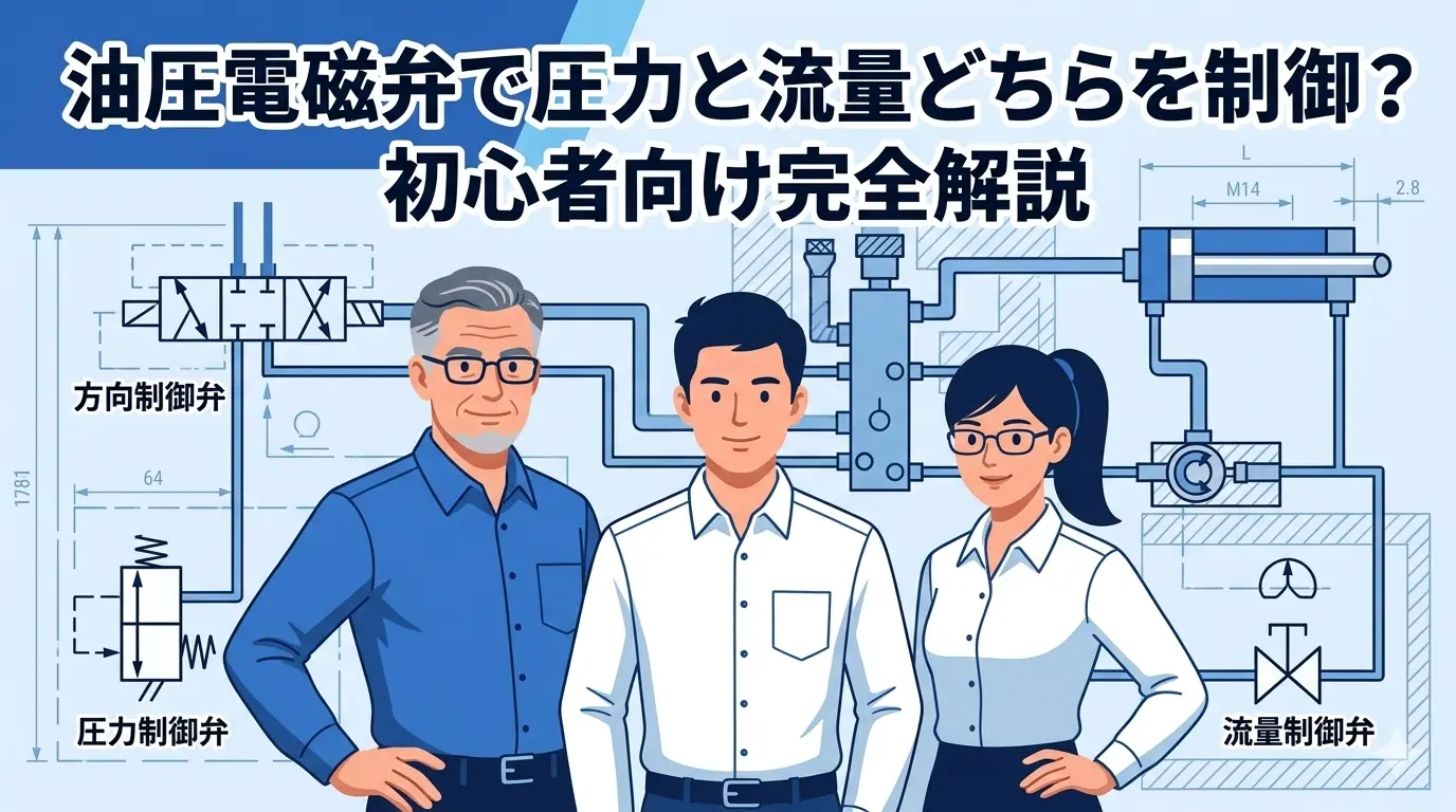 油圧電磁弁の圧力制御と流量制御の違いを初心者向けに解説したブログのアイキャッチ画像