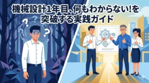 機械設計1年目で悩む初心者が、知識を繋げて自信を持って突破する姿を描いた、ブログ記事のアイキャッチ画像。