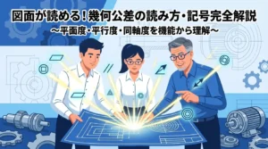 「図面が読める！幾何公差の読み方・記号完全解説 〜平面度・平行度・同軸度を機能から理解〜」というタイトルが入ったアイキャッチ画像 。青色の図面を囲む3人の設計者の周りに、幾何公差の記号が光りながら飛び出すダイナミックなデザイン。