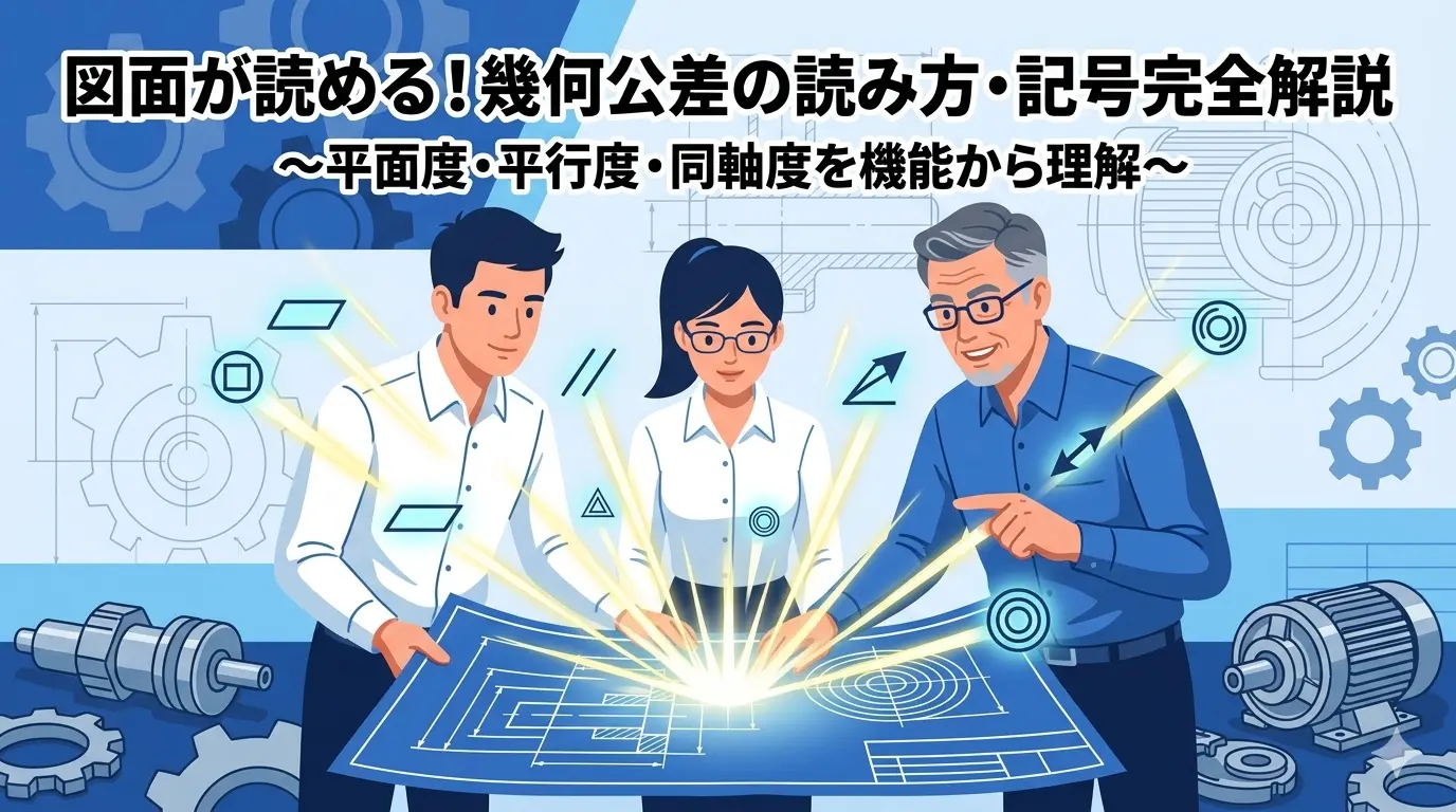 「図面が読める！幾何公差の読み方・記号完全解説 〜平面度・平行度・同軸度を機能から理解〜」というタイトルが入ったアイキャッチ画像 。青色の図面を囲む3人の設計者の周りに、幾何公差の記号が光りながら飛び出すダイナミックなデザイン。