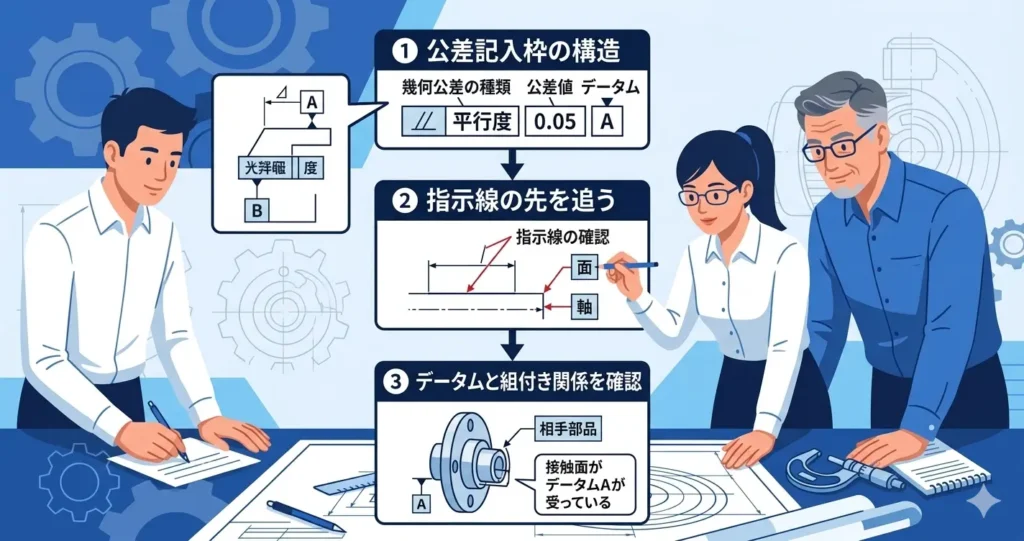 図面の幾何公差指示を正しく読み解くための3ステップ（公差記入枠の構造理解、指示線の先の確認、データムと組付きの関係把握）を解説するフローチャートイラスト 。