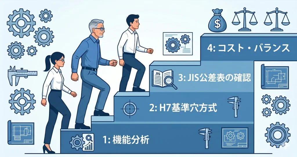 はめあい公差を正しく選ぶための4つのステップ(機能判断、方式選択、公差表確認、コスト検討)を説明するステップ図。