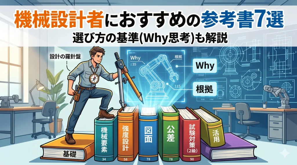 機械設計者におすすめの参考書7選と選び方の基準（Why思考）を解説したブログ記事のアイキャッチ画像。7冊の本（基礎、要素、強度、図面、公差、試験、活用）を積み上げ、その上で「Why?」と書かれた羅針盤を手に、未来の設計図を描く設計者のエネルギー溢れるイラスト。タイトル付き。
