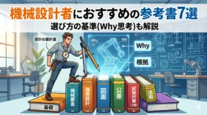 機械設計者におすすめの参考書7選と選び方の基準（Why思考）を解説したブログ記事のアイキャッチ画像。7冊の本（基礎、要素、強度、図面、公差、試験、活用）を積み上げ、その上で「Why?」と書かれた羅針盤を手に、未来の設計図を描く設計者のエネルギー溢れるイラスト。タイトル付き。