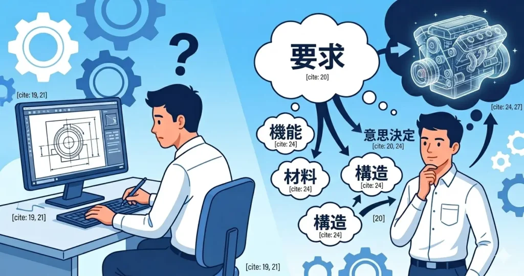 機械設計と製図の違いを比較するイラスト 。意思決定としての設計と記録としての製図を対比的に表現。