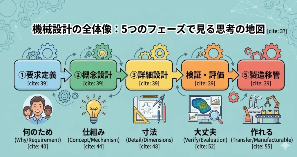 機械設計の全体像を5つのフェーズ（要求定義、概念設計、詳細設計、検証・評価、製造移管）で示す図解イラスト 。思考の地図のイメージ。
