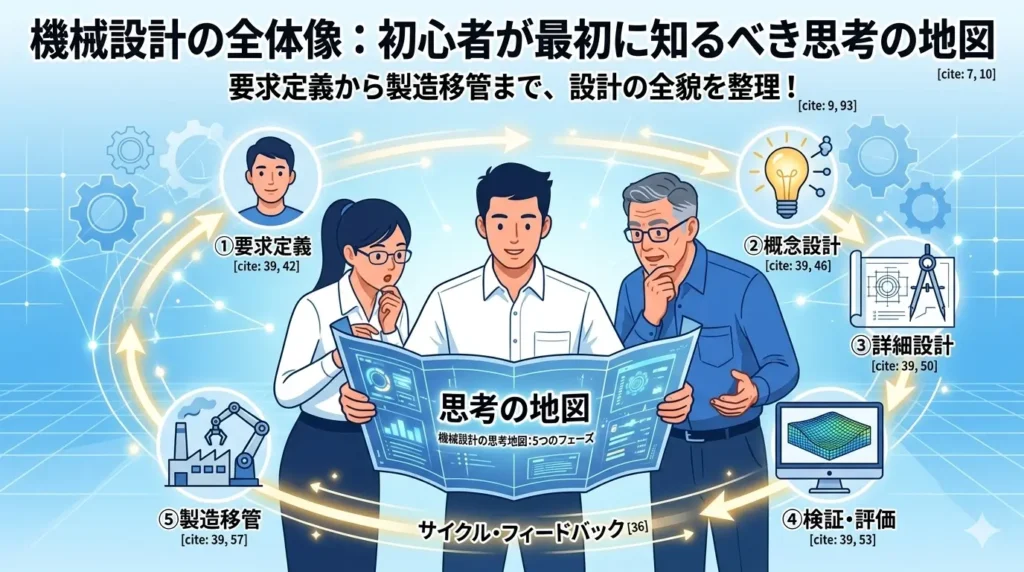 機械設計の全体像を知るための思考の地図 （5つのフェーズ ）を解説するブログ記事のアイキャッチ画像