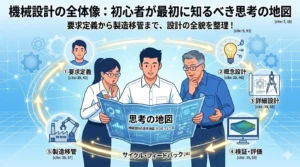 機械設計の全体像を知るための思考の地図 （5つのフェーズ ）を解説するブログ記事のアイキャッチ画像