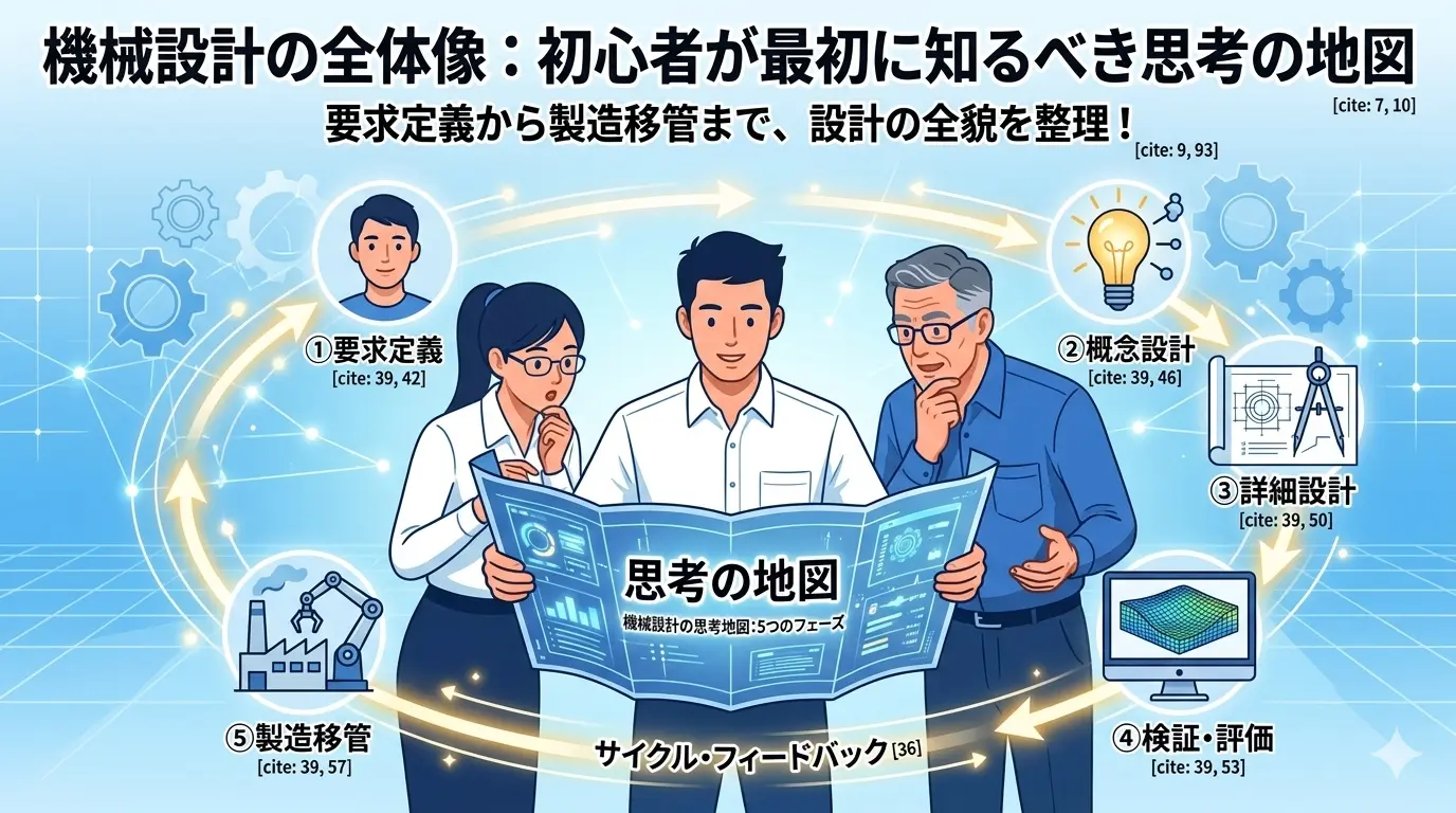 機械設計の全体像を知るための思考の地図 （5つのフェーズ ）を解説するブログ記事のアイキャッチ画像