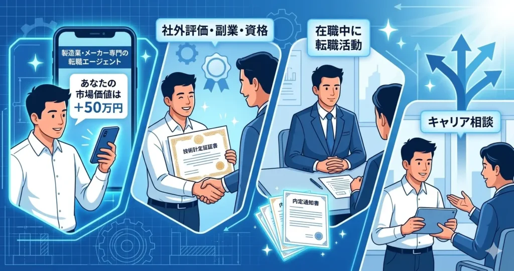 30代機械設計者が後悔しない転職のために、転職市場の相場確認、副業での社外評価、在職中の活動、キャリア相談などの具体的アクションを自信を持って実行する様子のイラスト。
