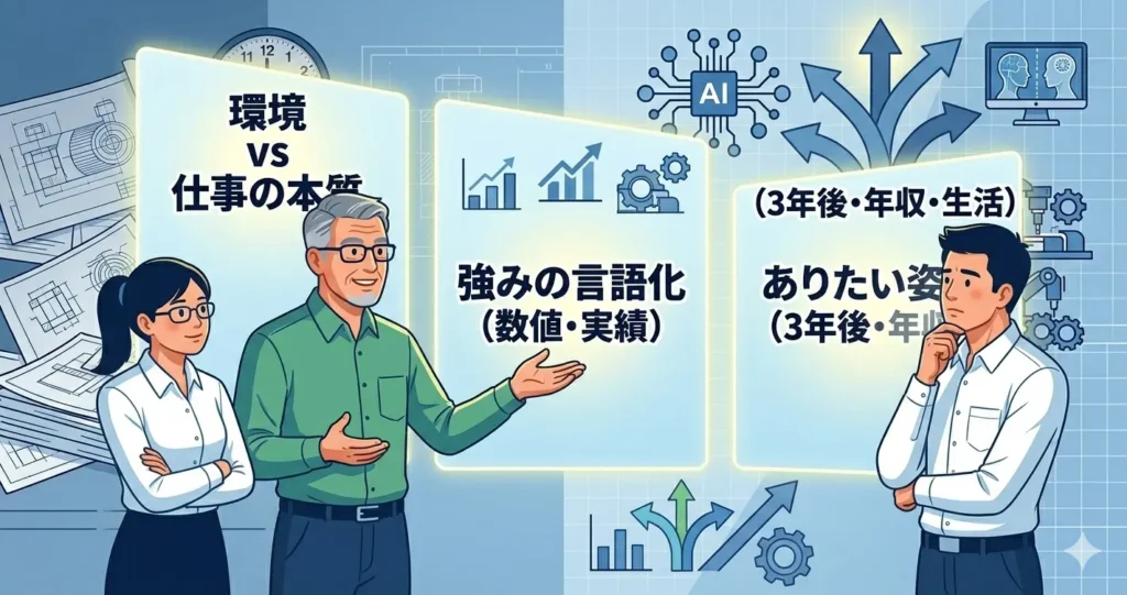 ベテラン上司と女性部下が、悩む30代男性設計者に、後悔しない転職のための3つの判断軸（環境vs本質、強みの言語化、ありたい姿）を提示し、冷静な自己分析を促すイラスト。