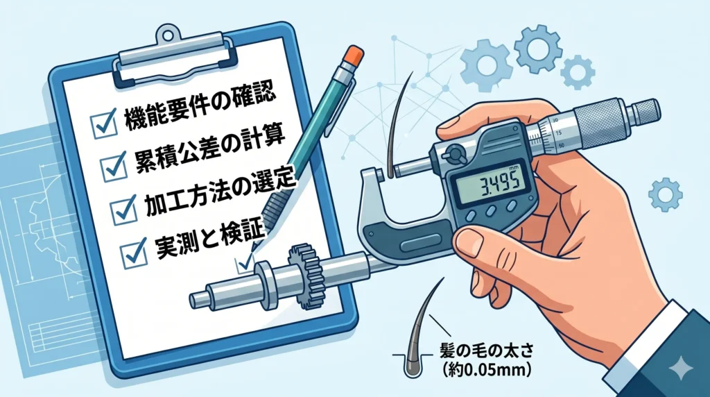 公差設計スキル向上のための具体的なアクションプランとマイクロメーターでの実測イメージ。