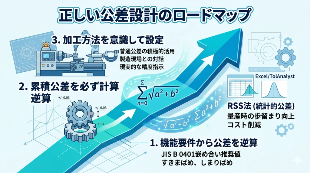 公差設計を正しく行うための3ステップ（機能逆算、累積計算、加工方法の意識）のロードマップ。