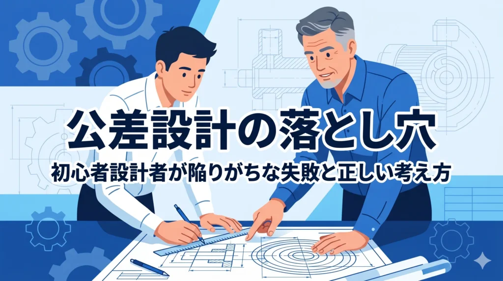 ブログ記事「公差設計の落とし穴｜初心者設計者が陥りがちな失敗と正しい考え方」のアイキャッチ画像。ベテランと若手エンジニアの対話風景。