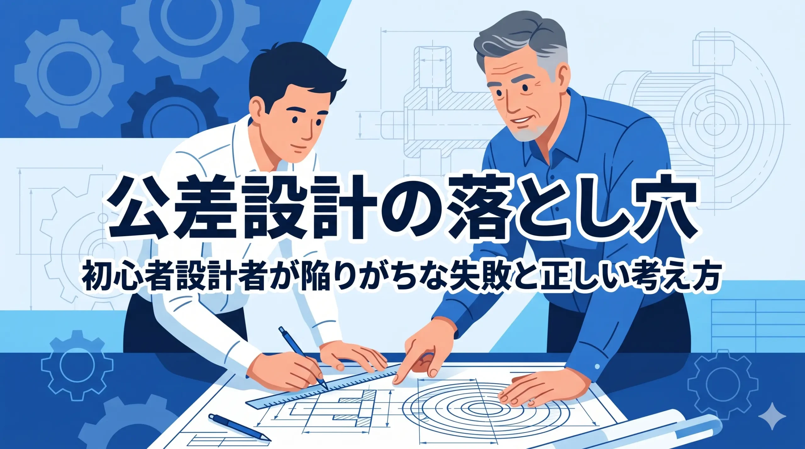 ブログ記事「公差設計の落とし穴｜初心者設計者が陥りがちな失敗と正しい考え方」のアイキャッチ画像。ベテランと若手エンジニアの対話風景。