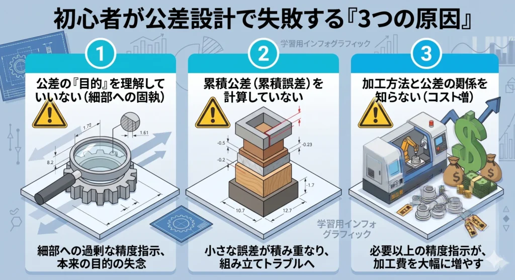 初心者設計者が公差設計で失敗する3つの主な原因（目的の誤解、累積公差、加工コスト）をまとめた図解。