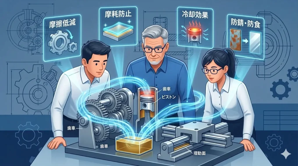 機械設計者が解説する、潤滑油がもたらす4つの効果（摩擦低減、摩耗防止、冷却、防錆）の図解イラスト。