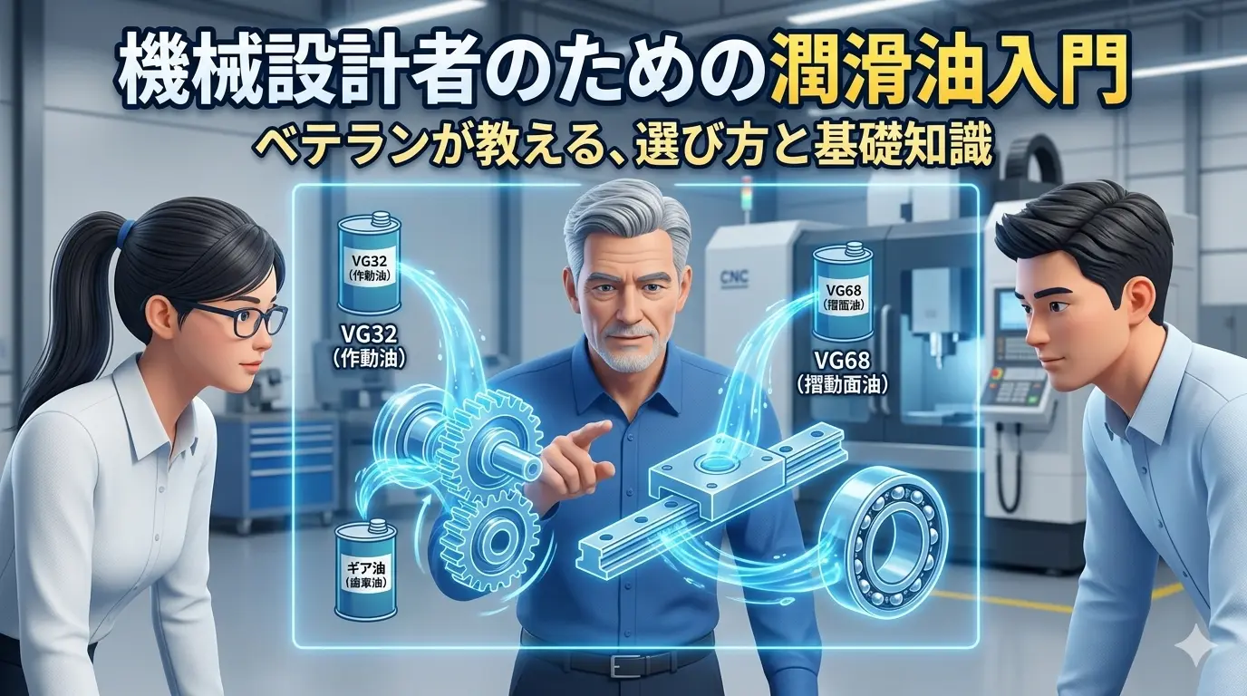 ベテラン設計者が解説する、機械設計者のための潤滑油の基礎知識と選び方入門のアイキャッチイラスト。