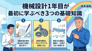 ブログ記事「機械設計1年目が最初に学ぶべき3つの基礎知識」のアイキャッチ。ベテラン設計者が若いエンジニアに、製図、機械要素、材料力学の3つのパネルを指差して教えている（イラスト風）