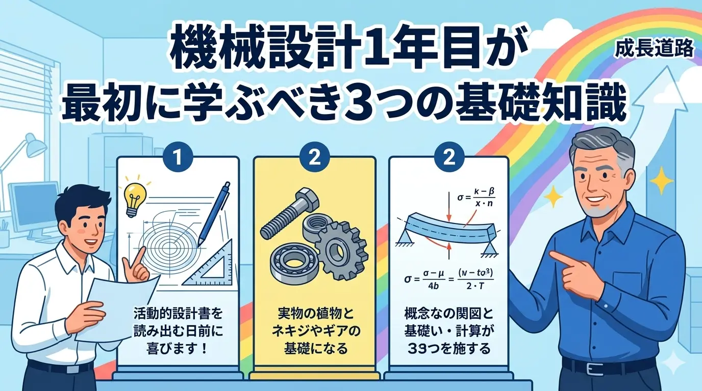 ブログ記事「機械設計1年目が最初に学ぶべき3つの基礎知識」のアイキャッチ。ベテラン設計者が若いエンジニアに、製図、機械要素、材料力学の3つのパネルを指差して教えている(イラスト風)