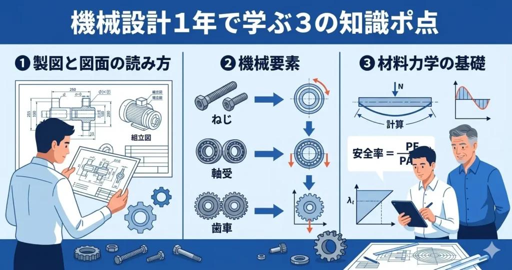 機械設計1年目が最初に学ぶべき3つの基礎知識をインフォグラフィック風に説明する3分割パネル図面と人物。1.製図と図面の読み方、2.機械要素、3.材料力学の基礎(イラスト風)