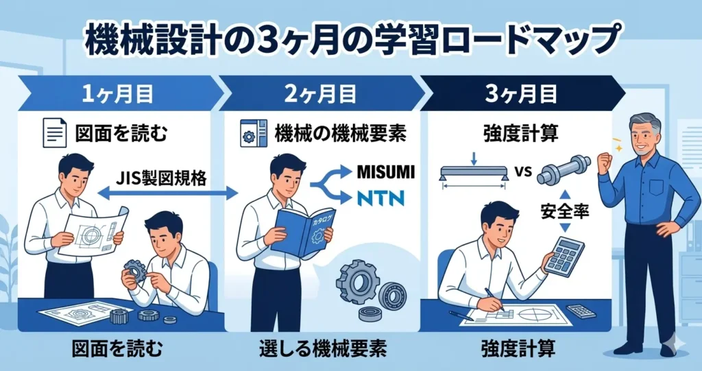 機械設計1年目が基礎知識を習得するための3ヶ月学習ロードマップをインフォグラフィック風に説明する。1ヶ月目:図面、2ヶ月目:カタログ、3ヶ月目:強度計算(イラスト風)